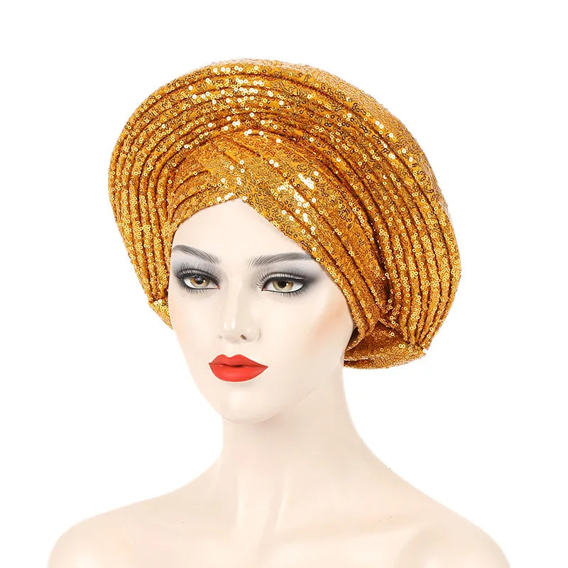 African Already Made Hat Auto Gele Women Hijab Headtie Nigeria Wedding Party Gele Female Head Wraps Headpiece Sequin Turban Caps