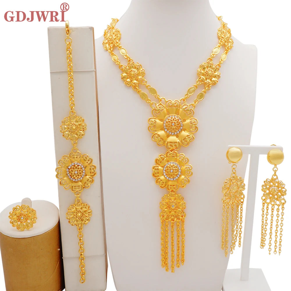 Nigeria Dubai Gold Color Fine Flowers Jewelry Sets African Wedding Gifts Party For Women Bracelet Necklace Earrings Ring Set
