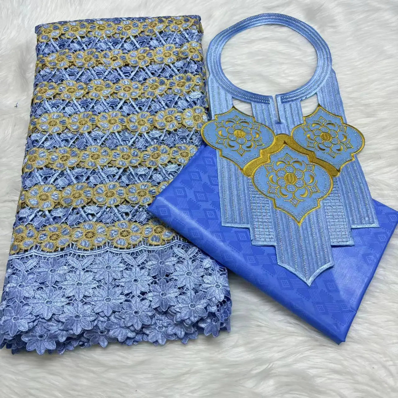 2024 High Quality 2.5yards Bazin Riche Brocade Fabric +2.5 Yards African Cotton Lace Fabric with Collar Set for Dress  M4-1212-1