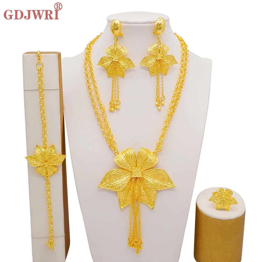 Dubai Gold Color Jewelry Set For Woman Bridal Nigerian African Long Chain Necklace Earrings Bracelet Ring Jewellery Set