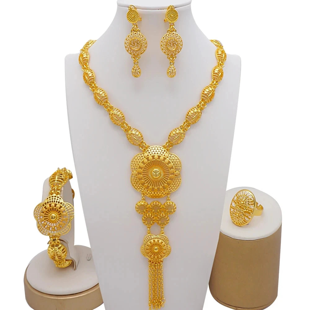 Necklace Sets For Women Dubai African Gold Color Jewelry Set Bride Earrings Rings Indian Nigerian Wedding Jewelery Set Gift