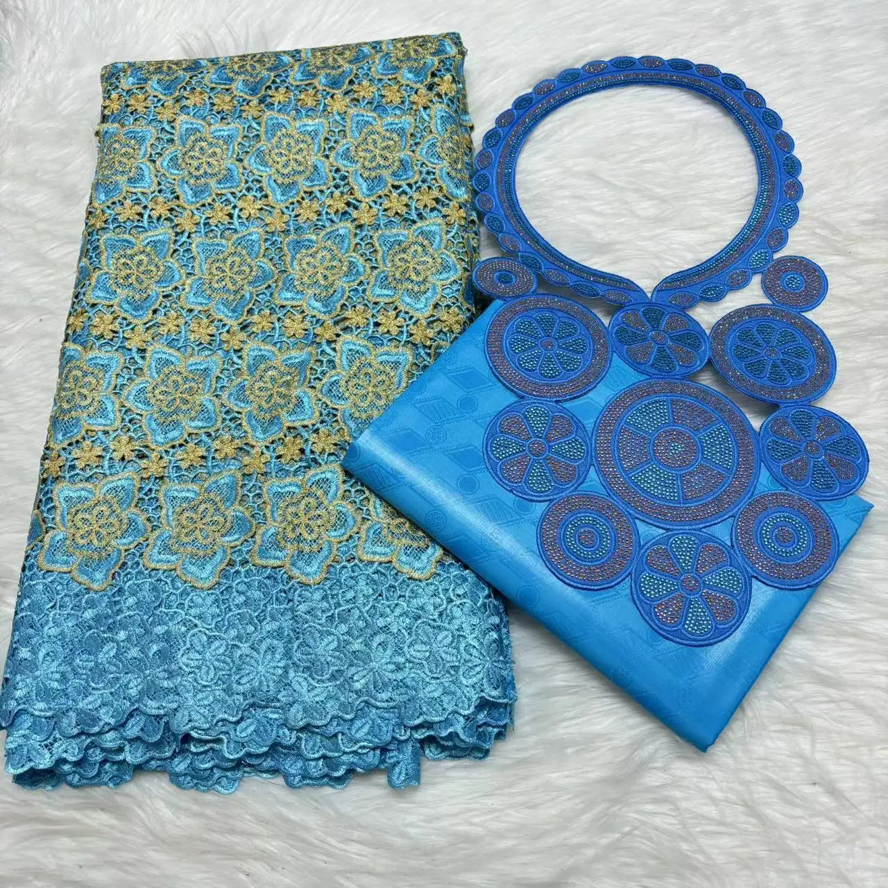 2024 High Quality 2.5yards Bazin Riche Brocade Fabric +2.5 Yards African Cotton Lace Fabric with Collar Set for Dress  M4-1212-1