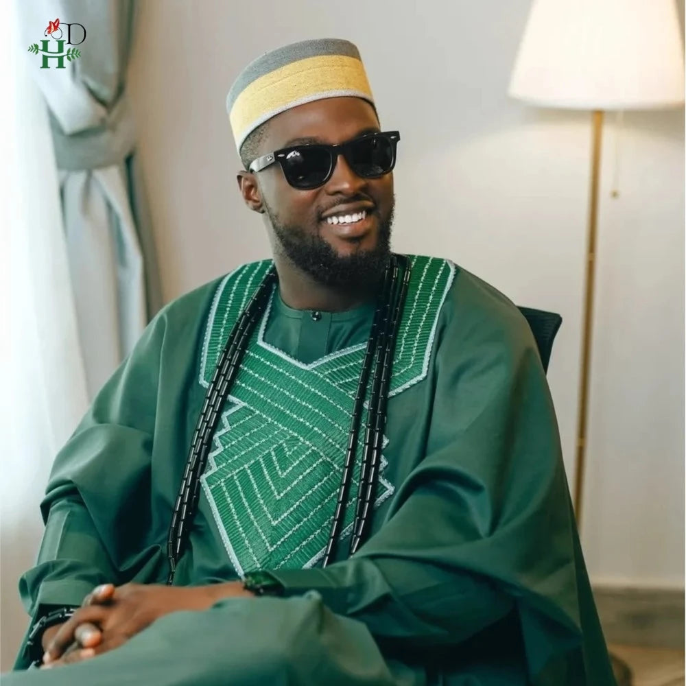 H&D African Clothes Plus Size For Men Elegant Party Wedding Thobe 3 PC Top and Pants Suits Set Daily Wear Embroidery Green Gown