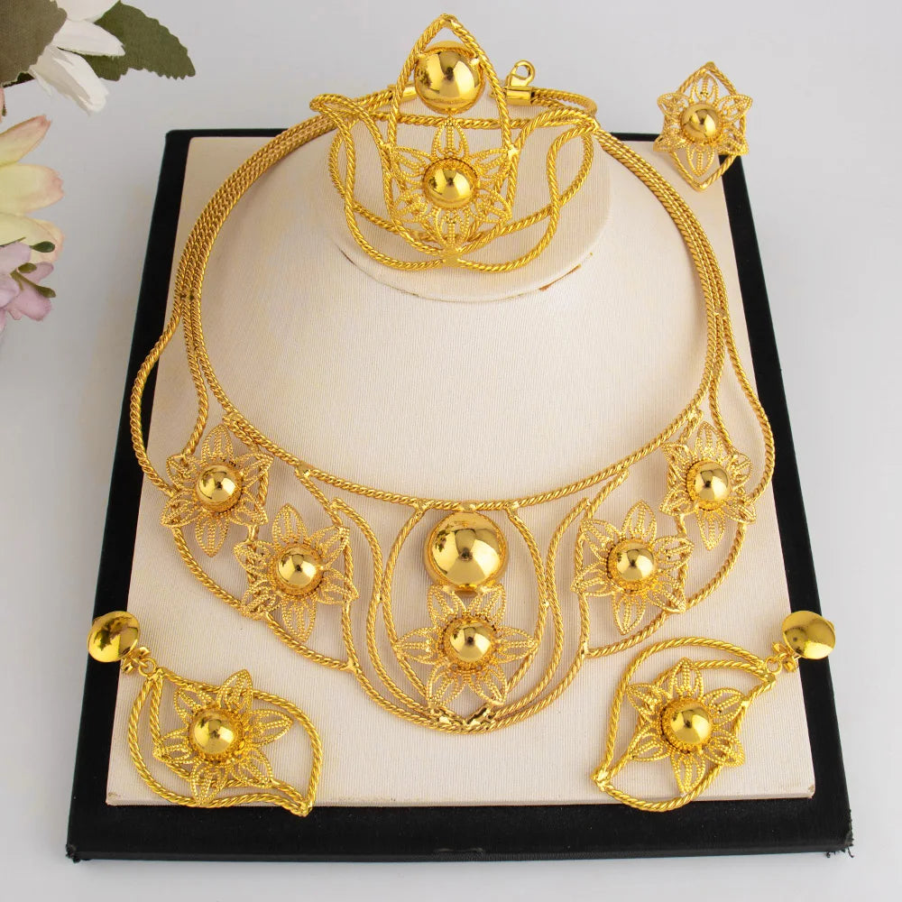 Exaggerated Gold Color Hollow Flower Shape Necklace Earrings Ring Bracelet Set for Women Gold Plated Jewelry Gift for Party