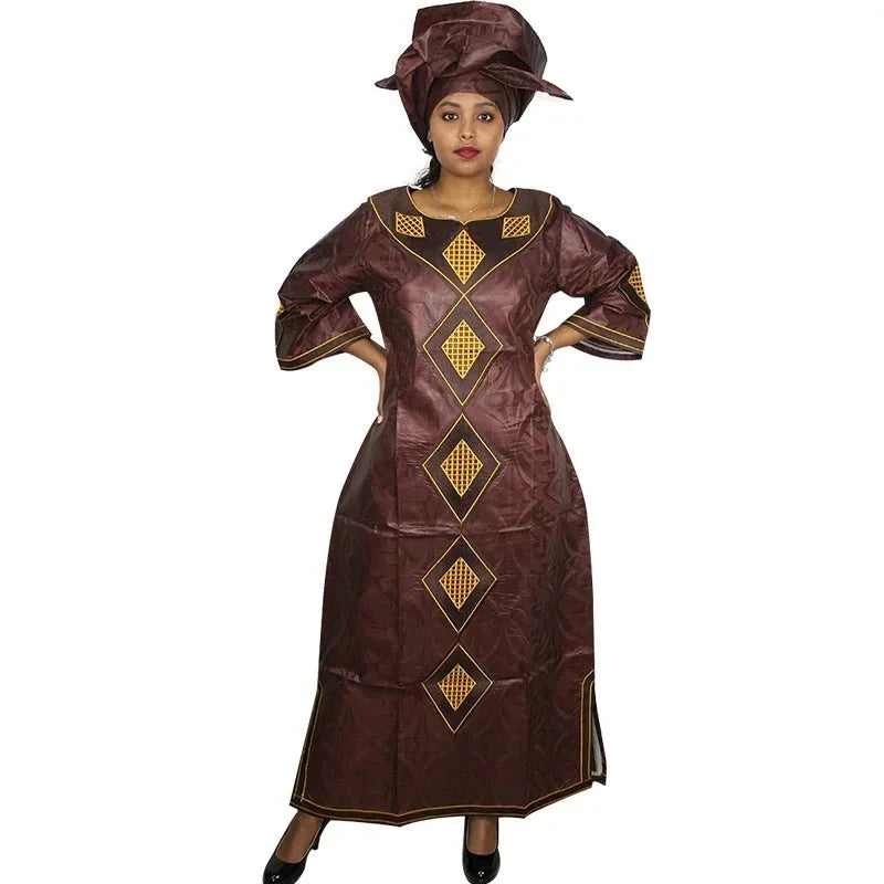 African Dresses For Women Fashion Design New African Bazin Embroidery Design Dress Long Dress With Scarf