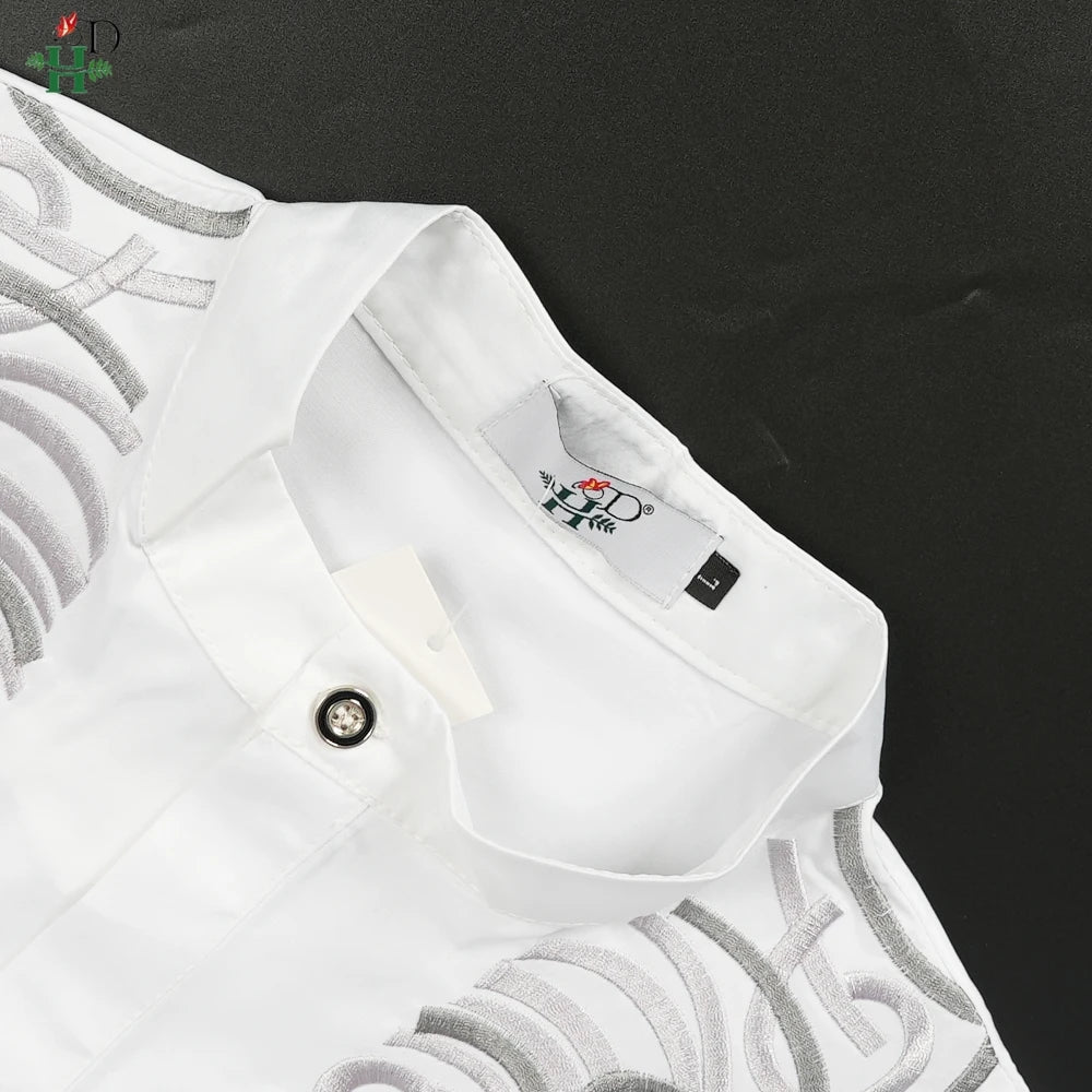 H&D African White Top And Pant 2 PCS Sets For Men Embroidery Work Wear Thobe Traditional Wedding Party Suits Plus Size Clothes