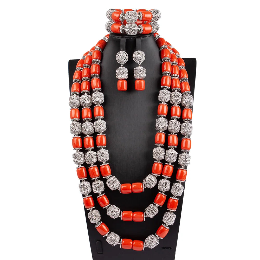 Long Fashion Wedding Beads Necklace White Artificial Coral Bridal Jewelry Sets African Beads Jewelry Set  ABK261