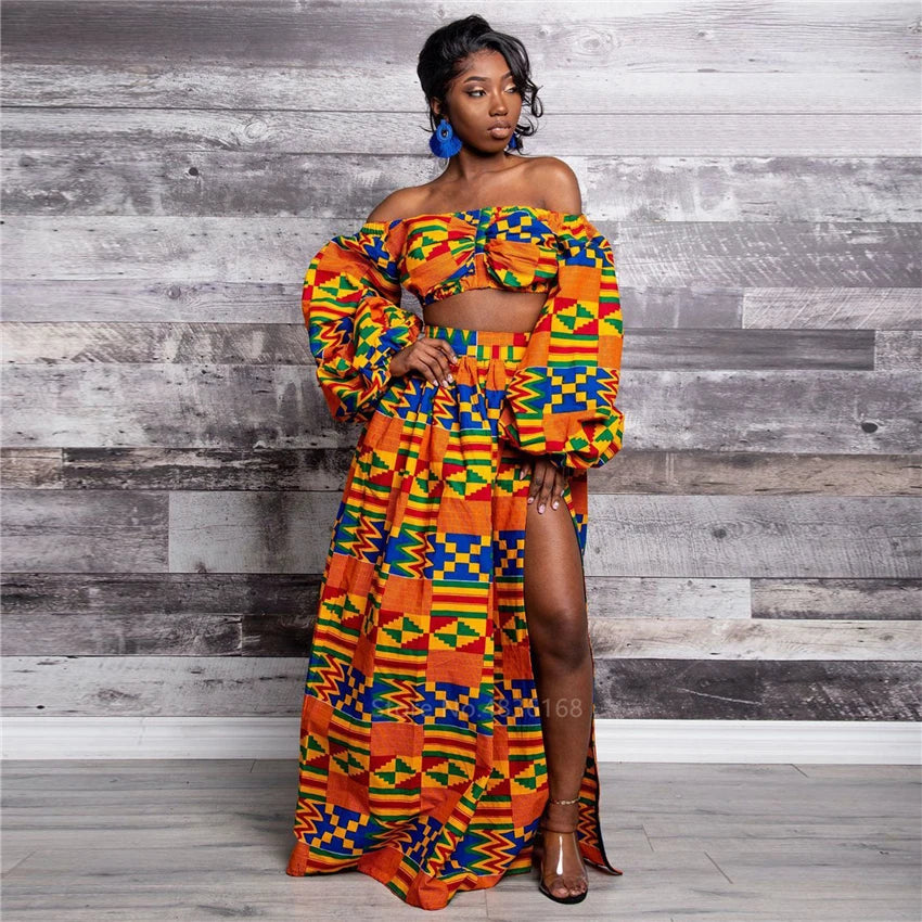 Elegant Women Two Piece Set Dress Sexy Slash-neck Sleeveless Blouse Top +High Slit Skirt Vintage Africa National Print Lady Suit