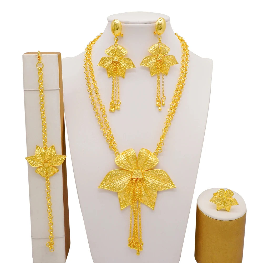 Dubai Gold Color Jewelry Set For Woman Bridal Nigerian African Long Chain Necklace Earrings Bracelet Ring Jewellery Set
