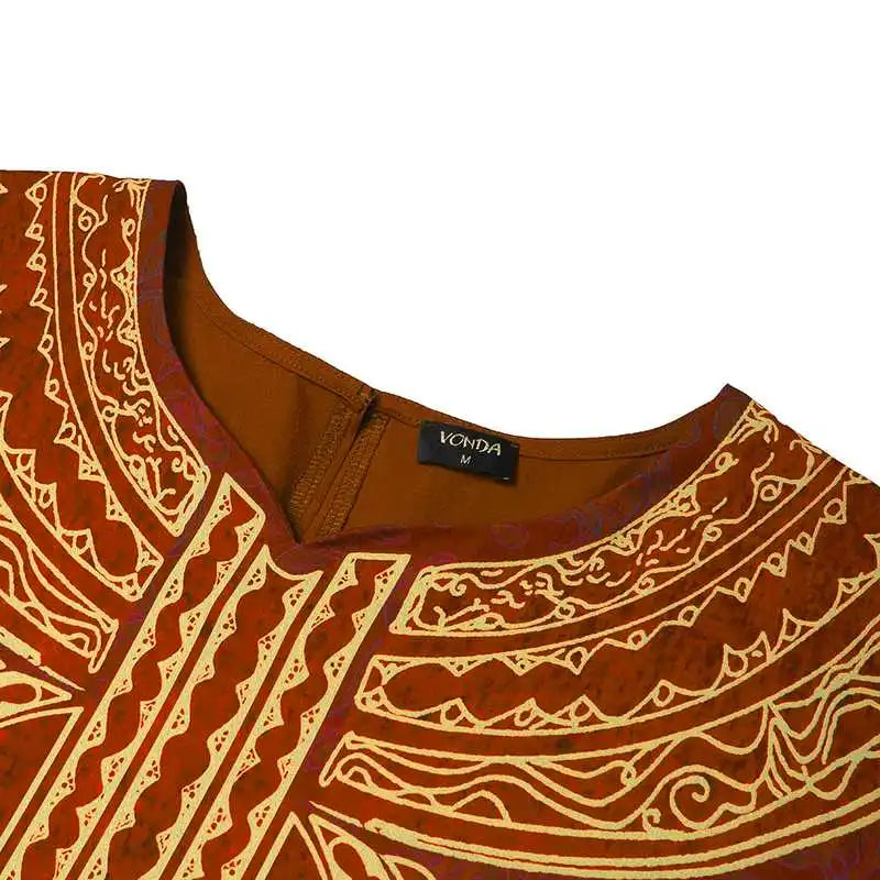 Plus Size VONDA Women Bohemian Long Maxi Dress Long Flare Sleeve Autumn Printed Vestidos Vintage Casual Loose Oversized Sundress