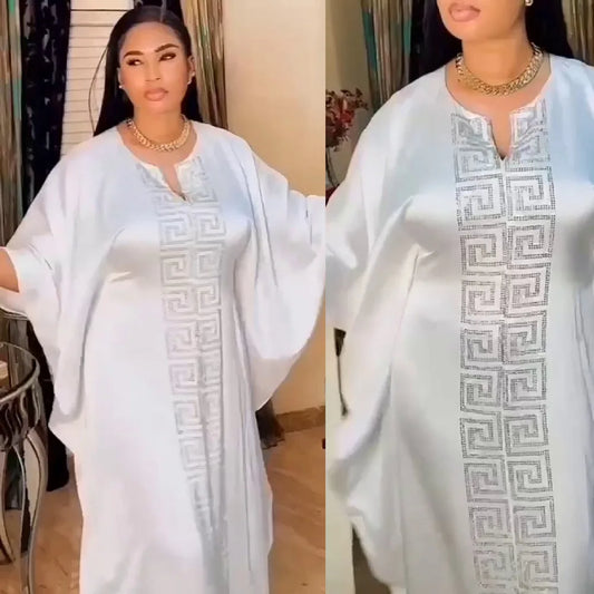 2025 High Quality African Women Plus Size Dress Bat Sleeve V Neck Robes Diamond Dashiki Maxi Dresses Muslim Femme Elegant Abayas