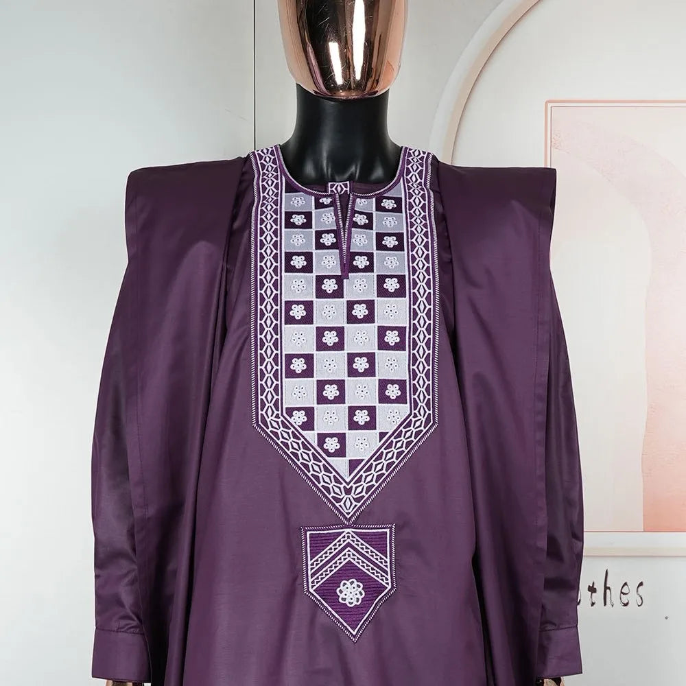 H&D African For Men Traditional 3PCS Outfit Thobe Set Purple Agbada Embroidered Robe Plus Size Wedding Christmas BouBou Ramadan