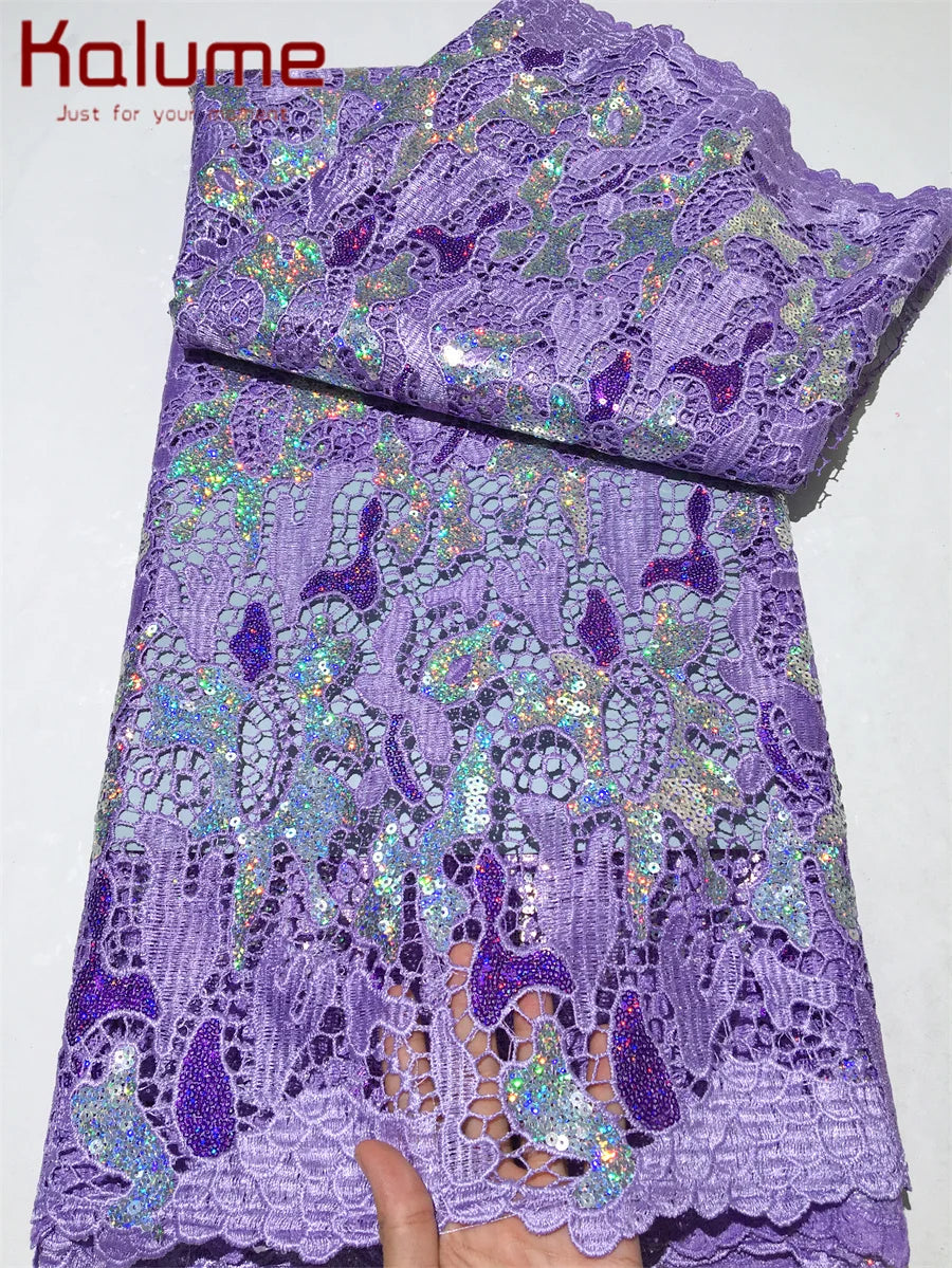 Kalume African Sequins Lace Fabric 2025 High Quality Material Nigerian Guipure Cord Lace Fabric for Party Dress Sewing F4058
