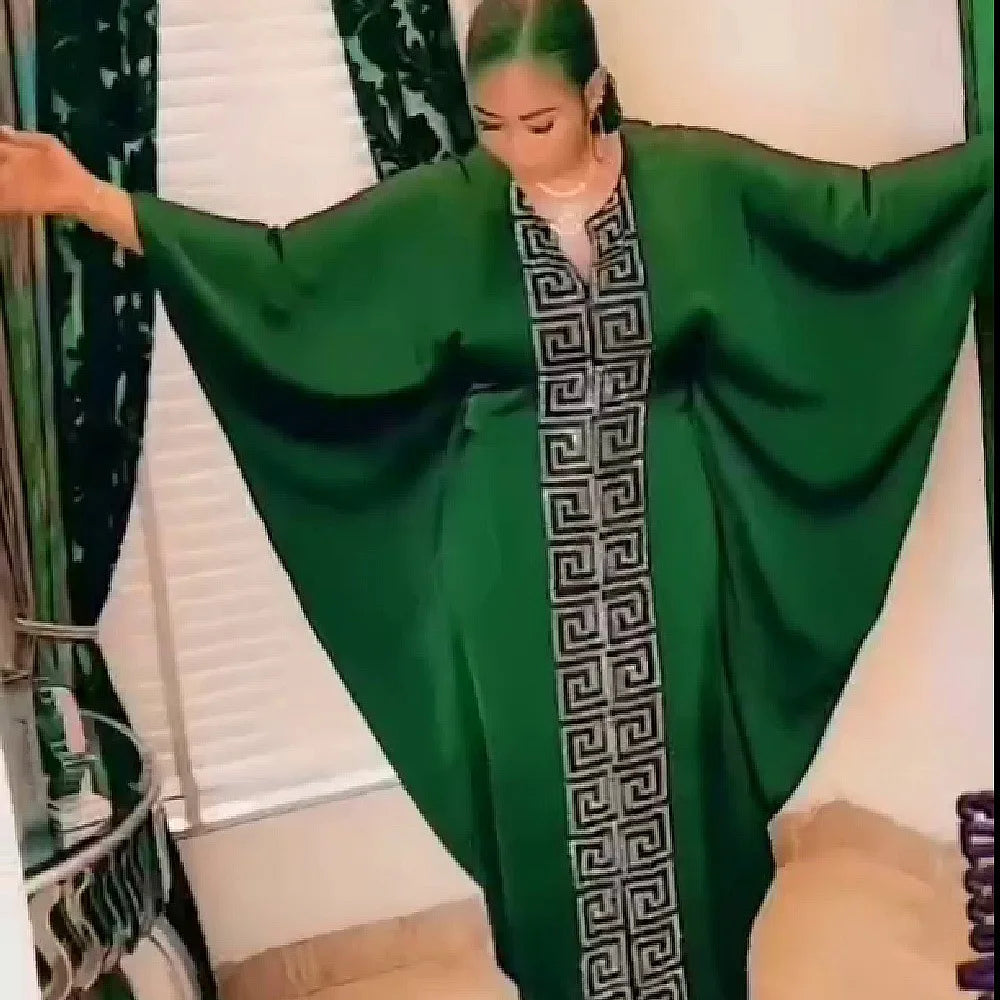 2025 High Quality African Women Plus Size Dress Bat Sleeve V Neck Robes Diamond Dashiki Maxi Dresses Muslim Femme Elegant Abayas