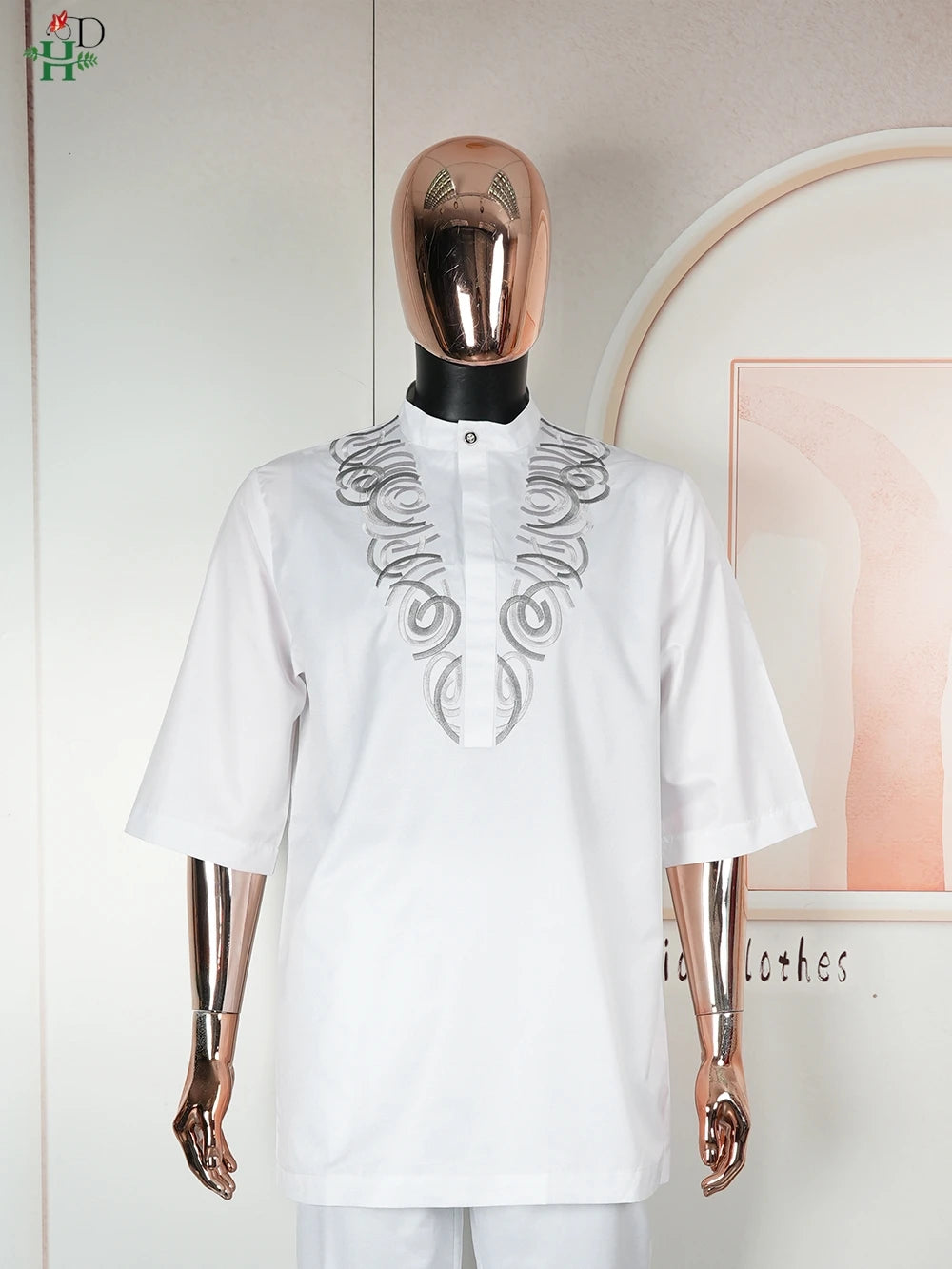 H&D African White Top And Pant 2 PCS Sets For Men Embroidery Work Wear Thobe Traditional Wedding Party Suits Plus Size Clothes