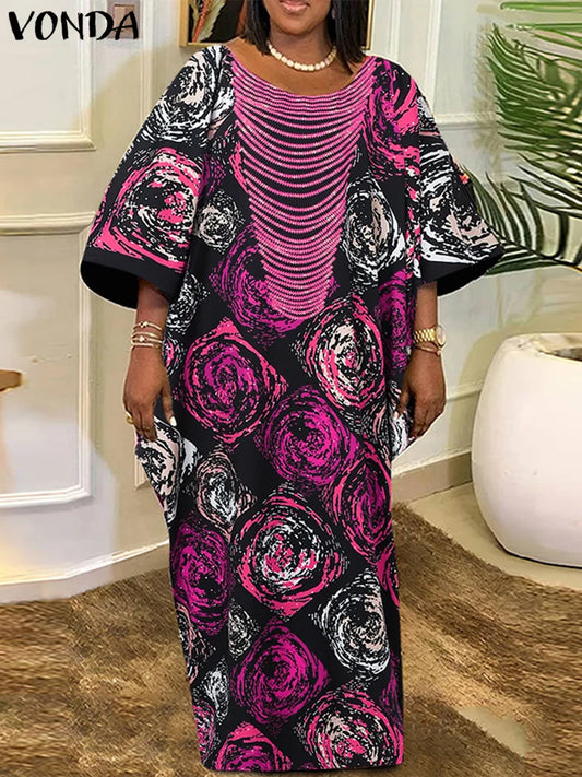 Plus Size VONDA Women Foral Printed Maxi Dress 2024 Causal Puff Sleeve Round Neck Bohemian Long Sundress Holiday Eelgant Vestido