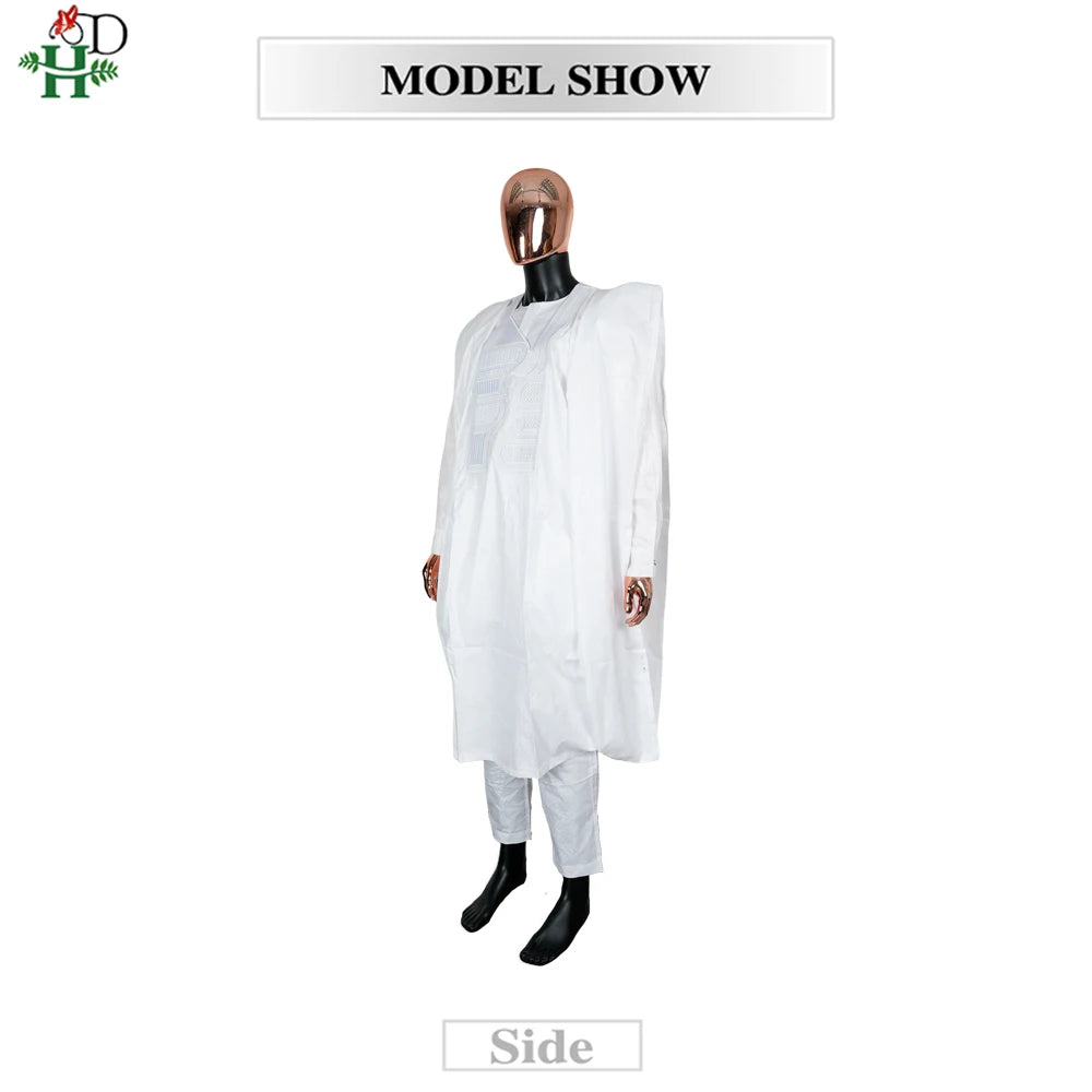 African Clothes Embroidery Bazin Riche Bubu Gown For Men Church Party Wedding Thobe 3 PC Top and Pants White Suit Set Daily Wear