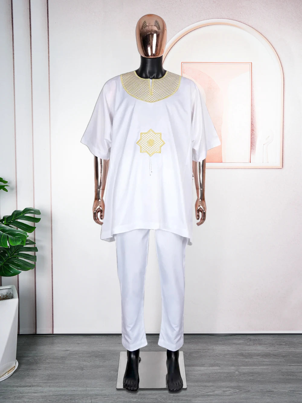 H&D African Clothes for Men 2 Pieces Set Elue Embroidered Tops and Pants Traditional Clothing Rich Bazin Original Wedding Party