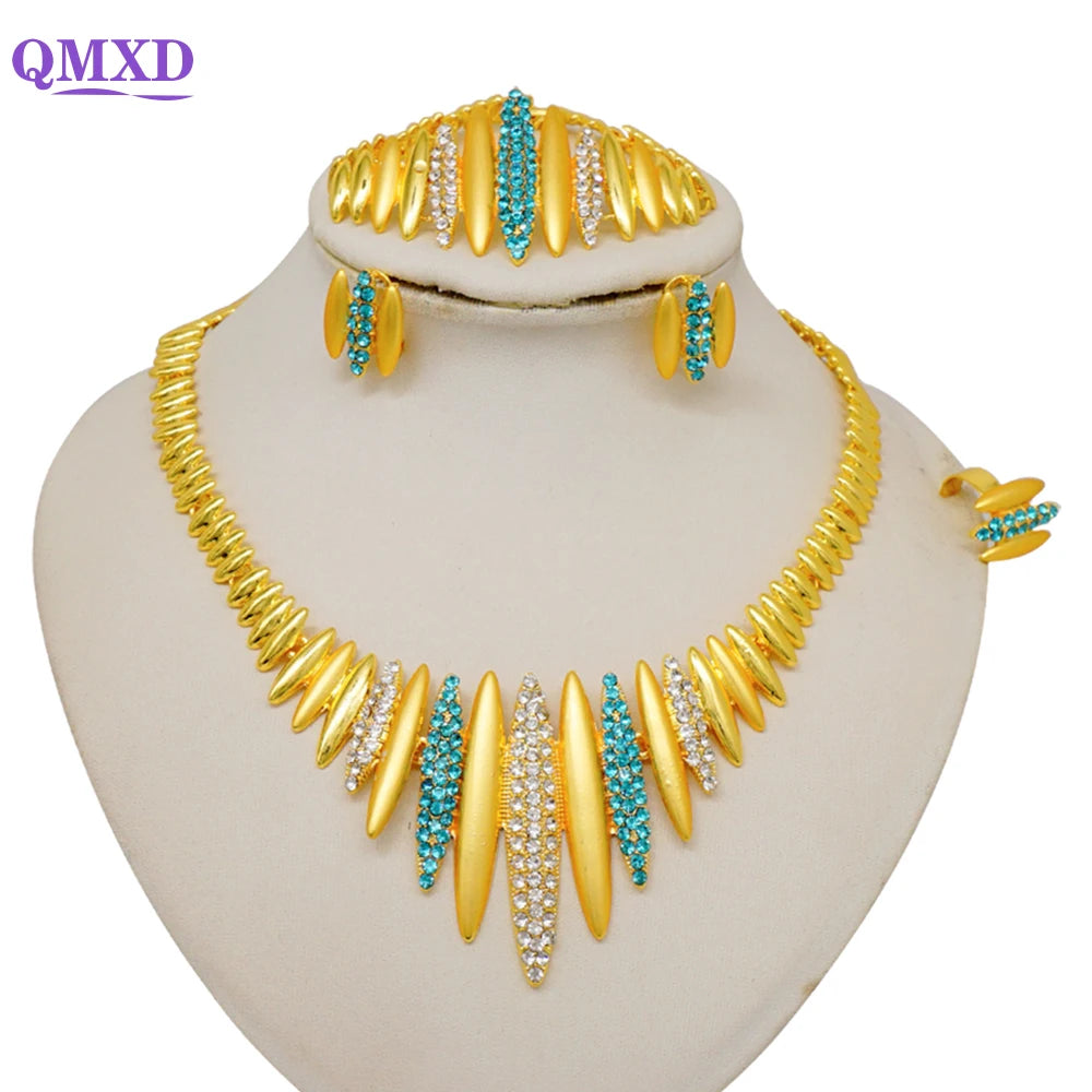 Trendy Nigerian Dubai Gold Color Jewelry Set For Women Tassel Long Chain Bridal Long Necklace Bracelet Earring Ring Wedding Sets