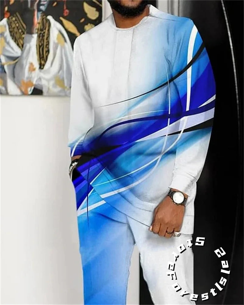 Men Tracskuit Set 2-piece Striped 3D Printed Casual Walking Suit Fashion Streetwear Long Sleeve T-Shirt Trousers Outfits