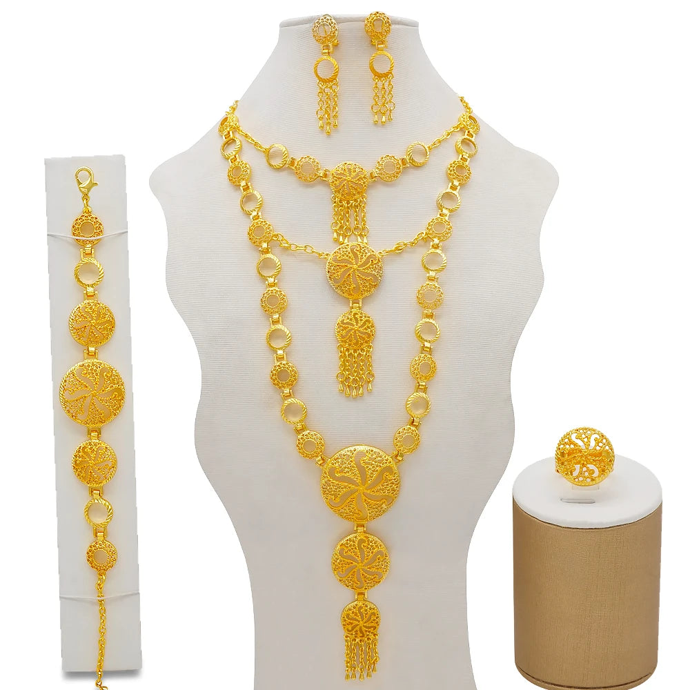 Dubai Gold Color Jewelry Set For Woman Bridal Nigerian African Long Chain Necklace Earrings Bracelet Ring Jewellery Set
