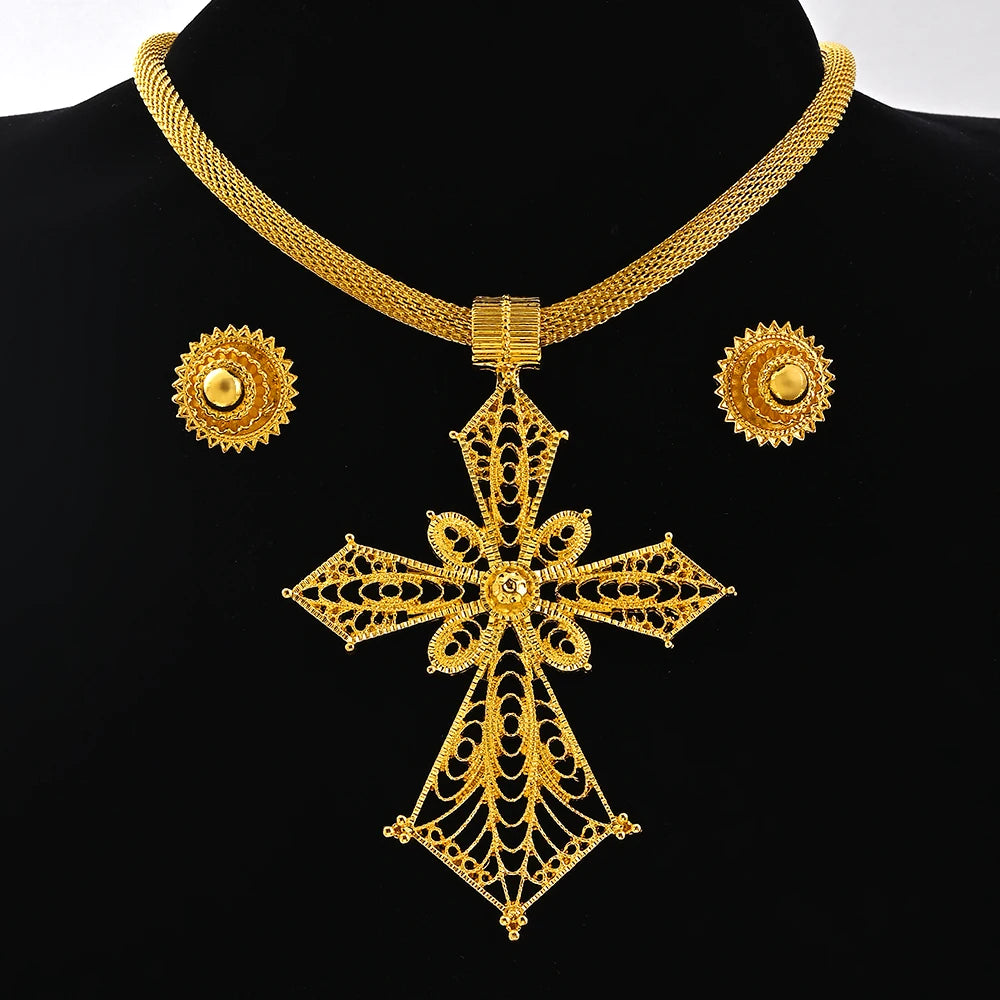 Saudi Arabia 24K Gold Color Ethiopia Women Jewelry Necklace Earring African Arab Bridal Set Habesha Eritrea Party Gift