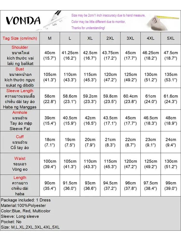 VONDA Plus Size 5XL Women Autumn Long Sleeve Printed Dress 2025 Bohemian Party Sundress Vintage A-Line Vestidos Loose Robe