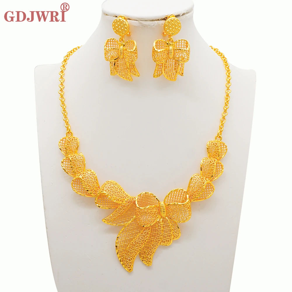 Luxury Indian Jewellery Earrings Necklace Jewelry Sets For Women Dubai Gold Color African Arabic Wedding Bridal  Party Gifts