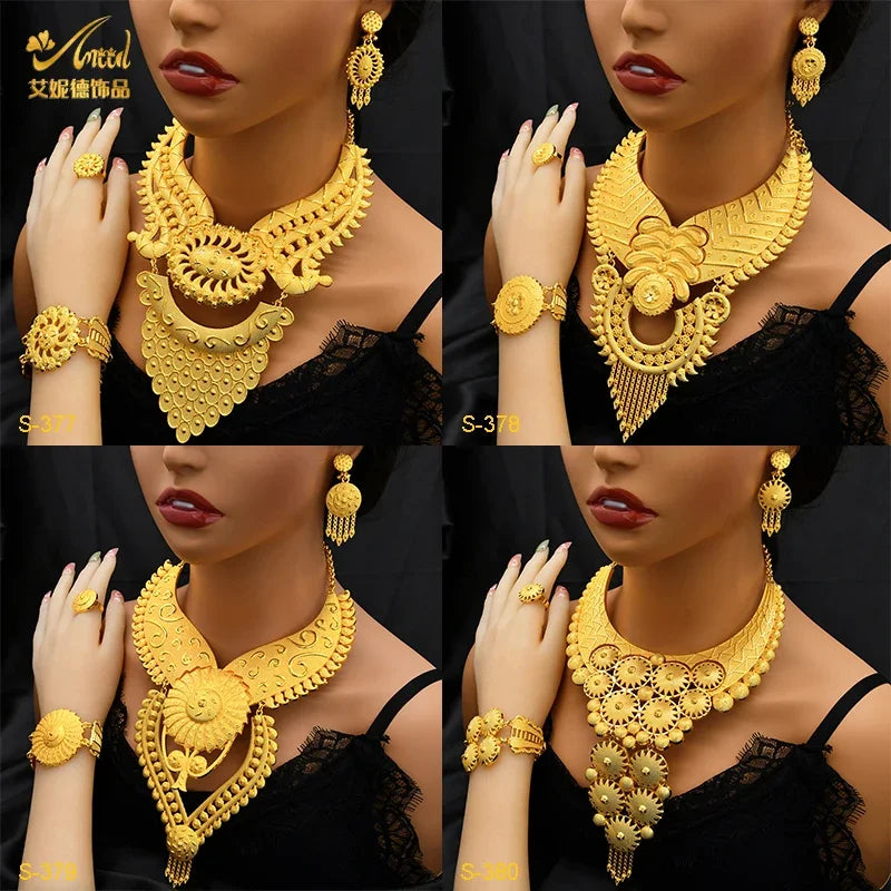 Indian Big 24k Gold Plated Jewelry Set For Women Party Dubai African Necklace Sets Bridal Wedding Gifts Arabic Jewelry Sets