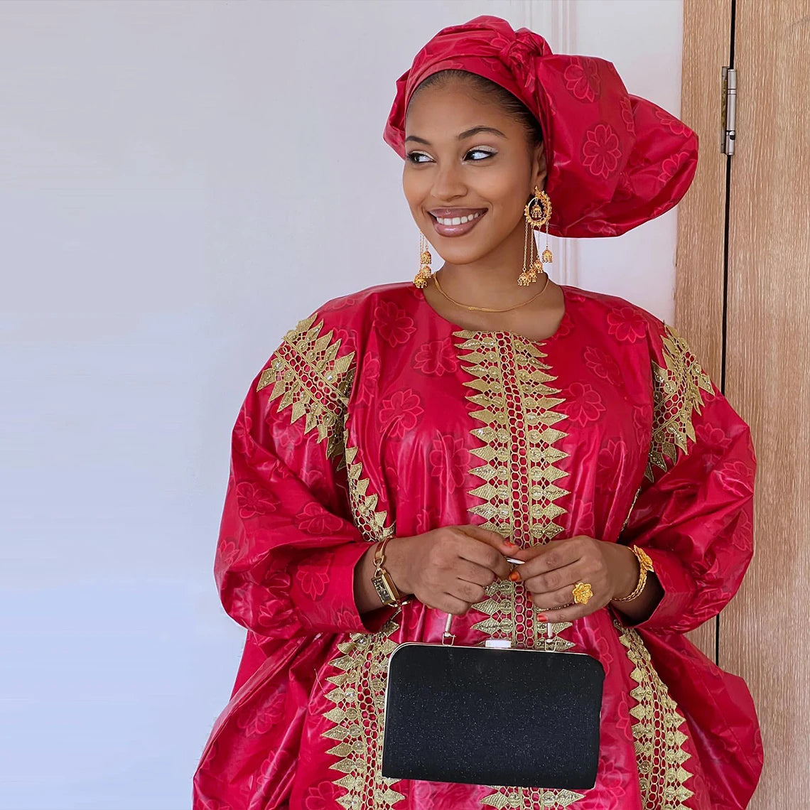 African Red Boubou Bazin Riche Wedding Bride Dress 2024 Latest Nigerian Mali Mix Size Dashiki With Gold Dust Embroidery Gown