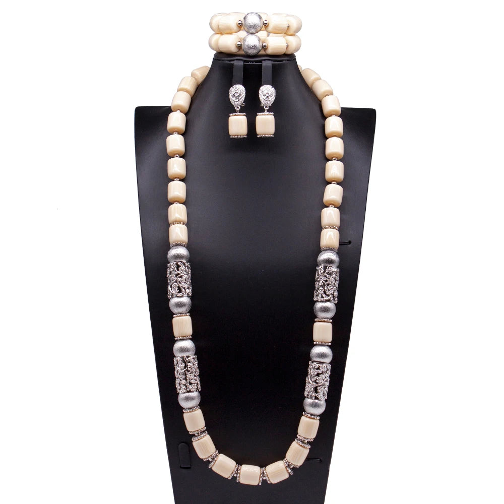 Long Fashion Wedding Beads Necklace White Artificial Coral Bridal Jewelry Sets African Beads Jewelry Set  ABK261