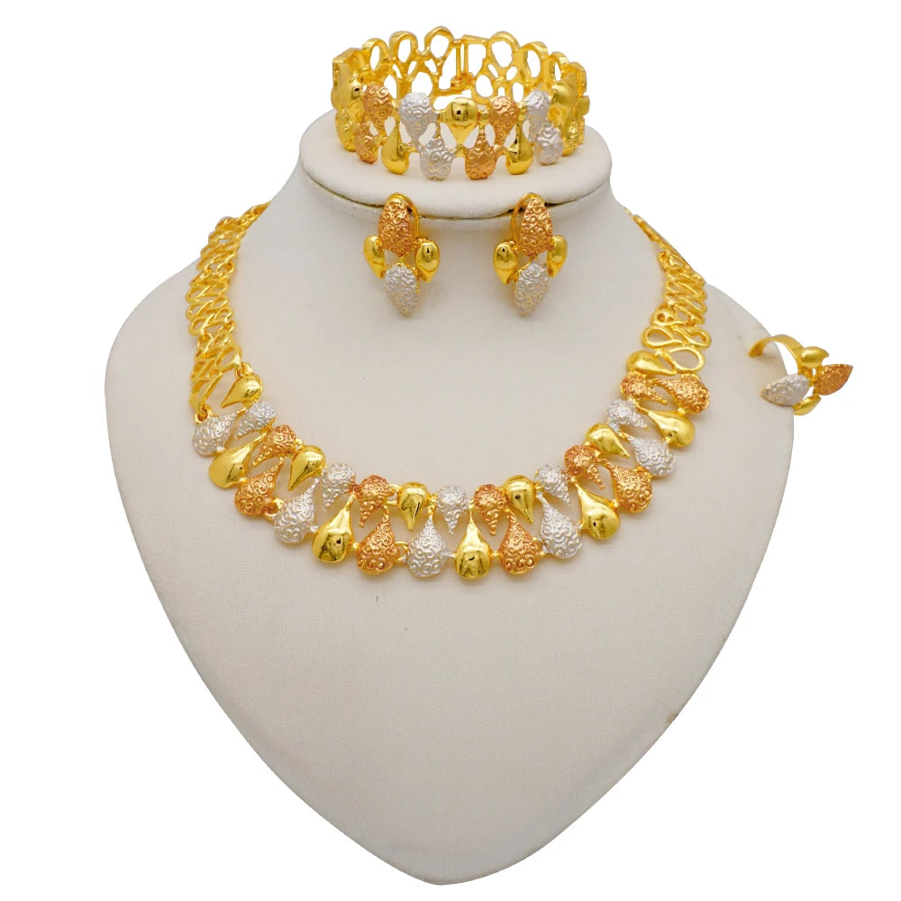 Nigeria Dubai Gold Color Fine Flowers Jewelry Sets African Wedding Gifts Party For Women Bracelet Necklace Earrings Ring Set