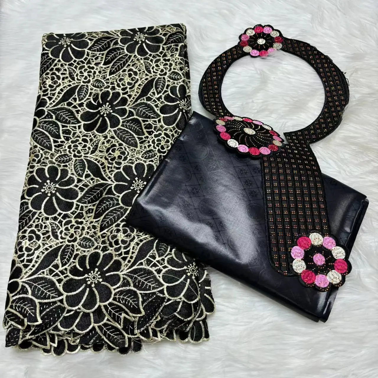 2024 High Quality 2.5yards Bazin Riche Brocade Fabric +2.5 Yards African Cotton Lace Fabric with Collar Set for Dress  M4-1212-1