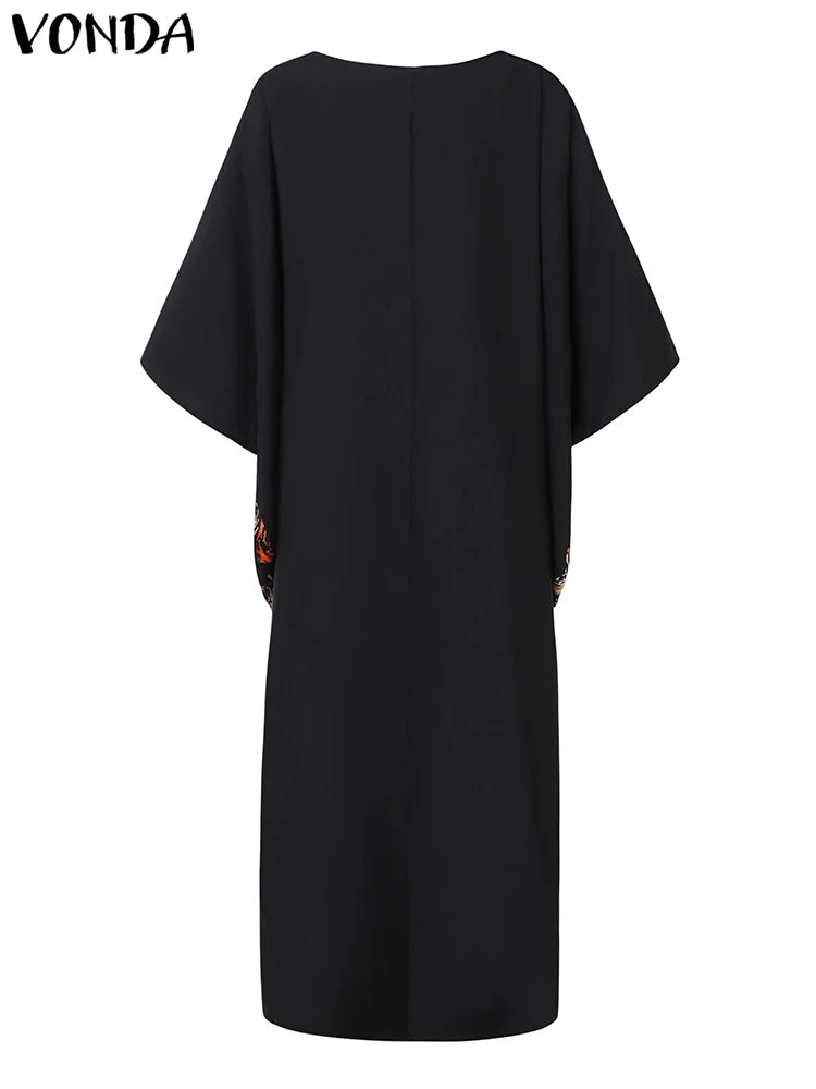 Plus Size VONDA Women Foral Printed Maxi Dress 2024 Causal Puff Sleeve Round Neck Bohemian Long Sundress Holiday Eelgant Vestido