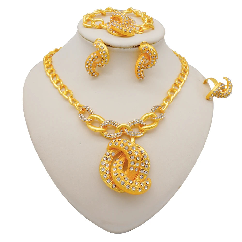 Nigeria Dubai Gold Color Fine Flowers Jewelry Sets African Wedding Gifts Party For Women Bracelet Necklace Earrings Ring Set