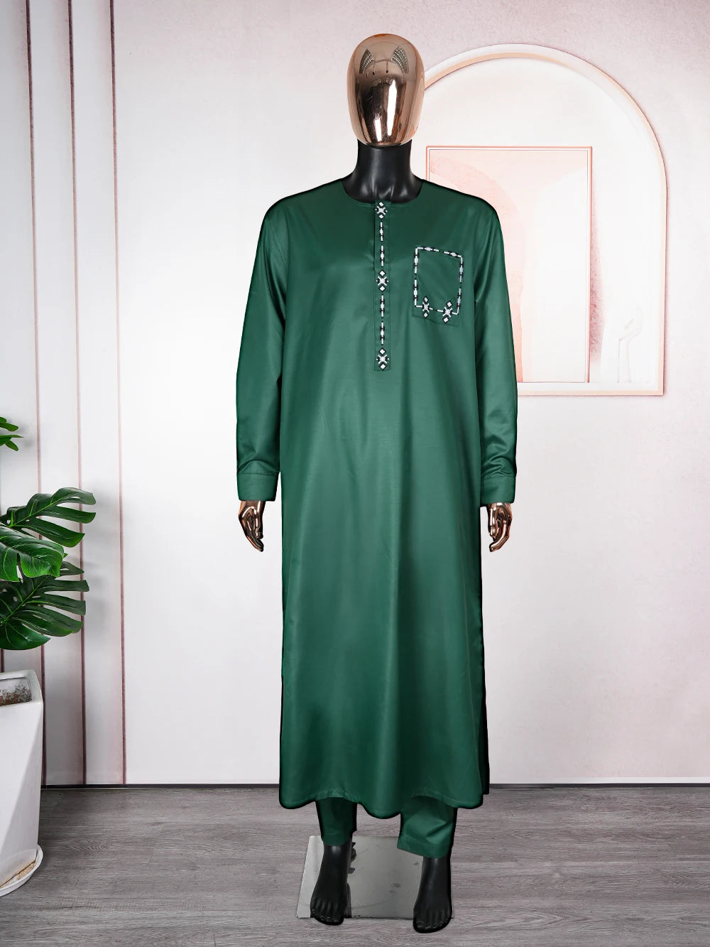 H&D 2025 African Nigerian Fashion Men Green Traditional Outfits Muslim Thobe Suit Complete Print 2 PCS Clothing Ramadan Sets