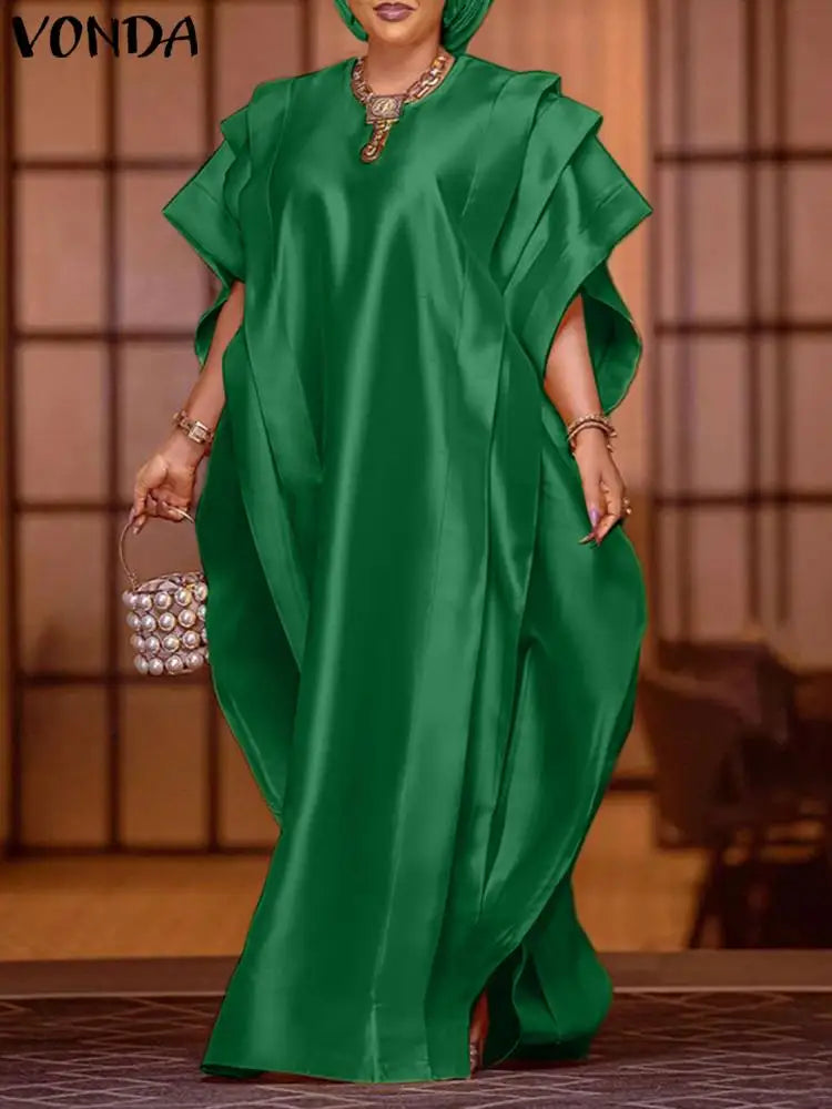 VONDA Oversize Women Maxi Dress Elegant Short Sleeve Ruffled Satin Silk Party Sundress 2024 Casual Loose Solid Color Summer Robe