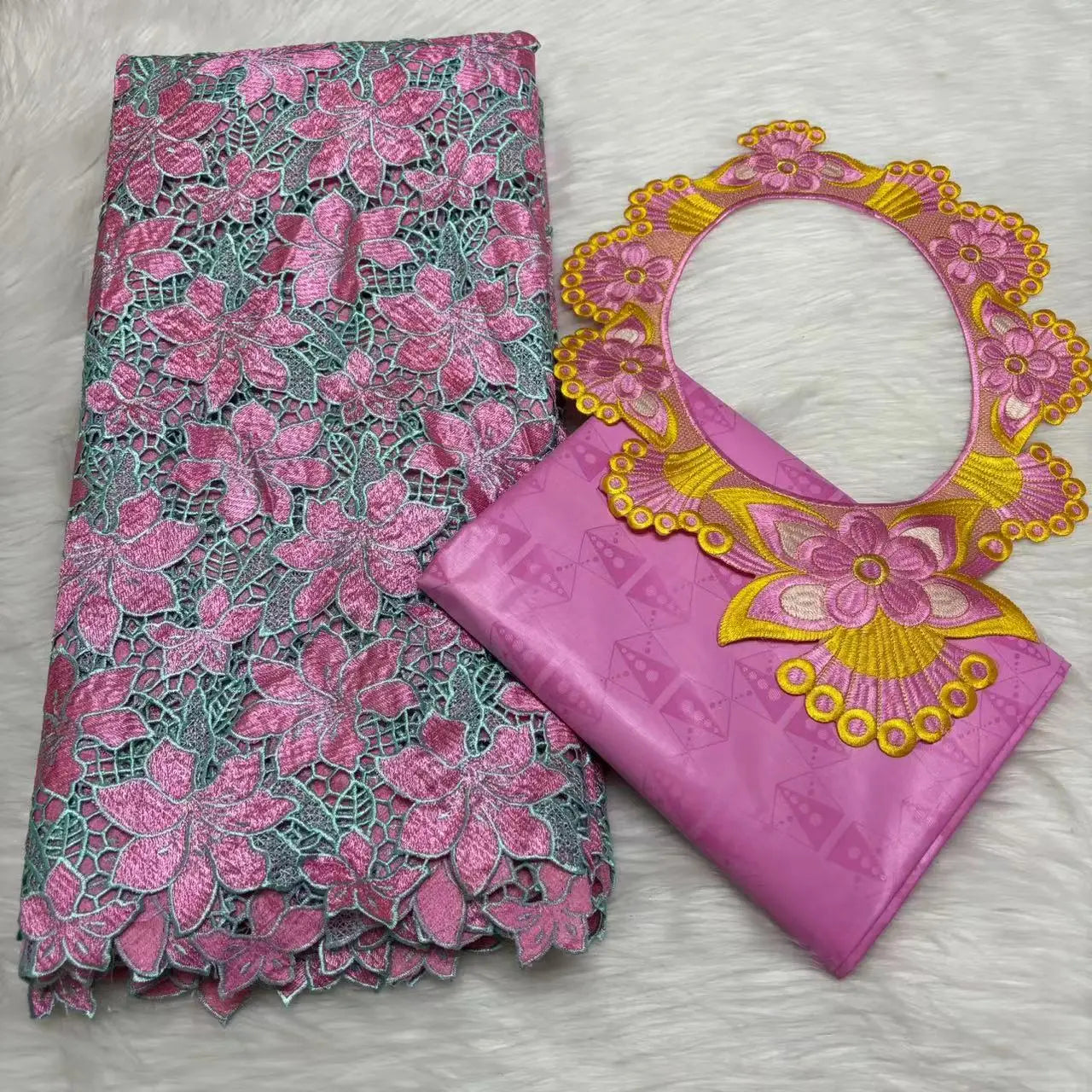 2024 High Quality 2.5yards Bazin Riche Brocade Fabric +2.5 Yards African Cotton Lace Fabric with Collar Set for Dress  M4-1212-1