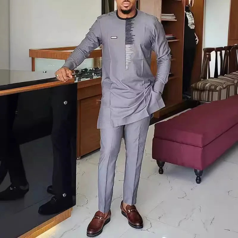 2 Piece African Clothes for Men Spring Fashion African Long Sleeve Top Long Pant Matching Sets Outfits Dashiki African Clothing