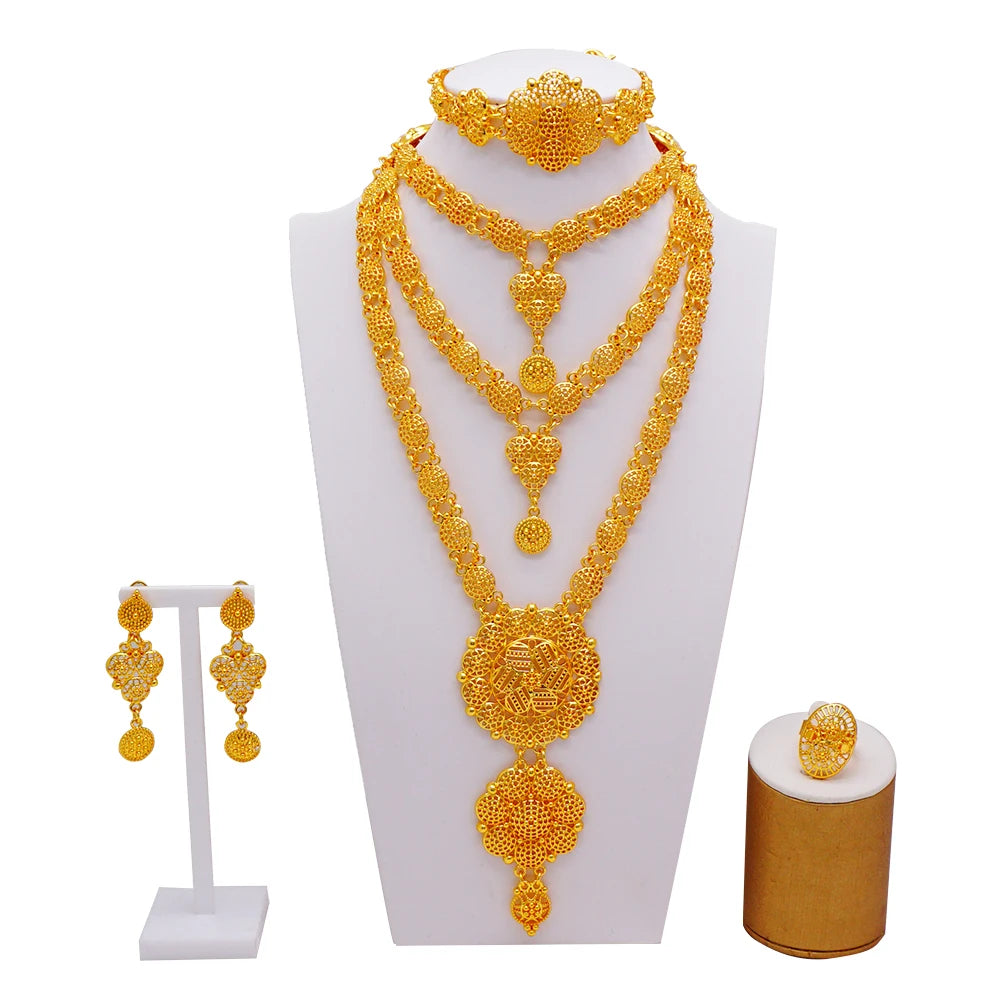 Trendy Nigerian Dubai Gold Color Jewelry Set For Women Tassel Long Chain Bridal Long Necklace Bracelet Earring Ring Wedding Sets
