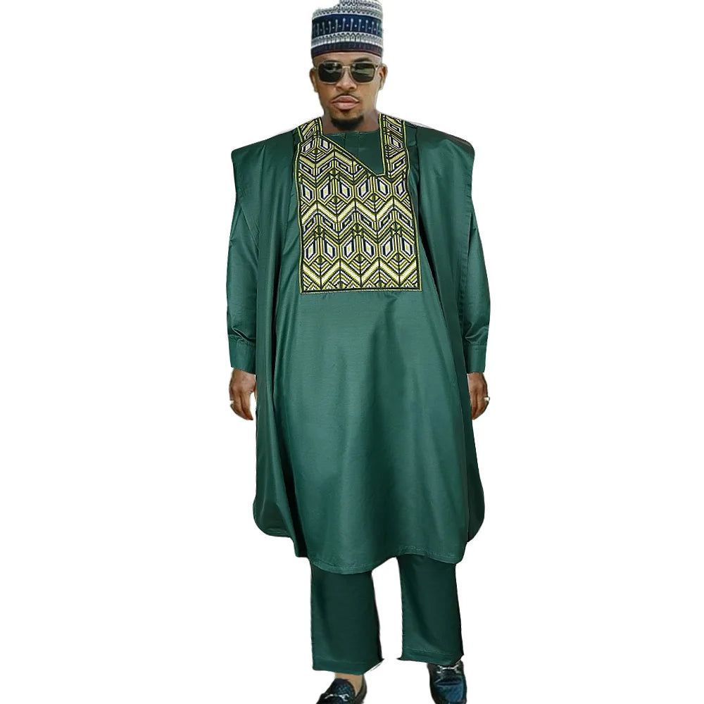 H&D African Clothes for Men Traditional Wear Formal Bazin Riche Dashiki Outfits Green Shirt Pants Robe Suit African Men Agbada