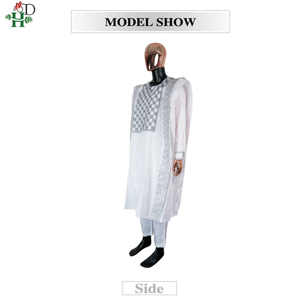 H&D New In African Summer Men's Long Sleeve Suit White Embroidery Dashiki Shirt Pants Sets 3 Pieces Outfits Wedding Party 2025