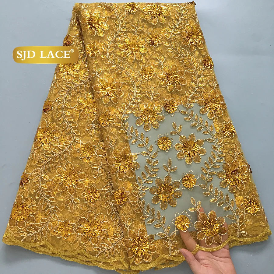 SJD LACE 5Yards Nigerian Tulle Mesh Lace Fabric 2025 High Quality French African Sequins Net Lace for Women Wedding Dresses 4173