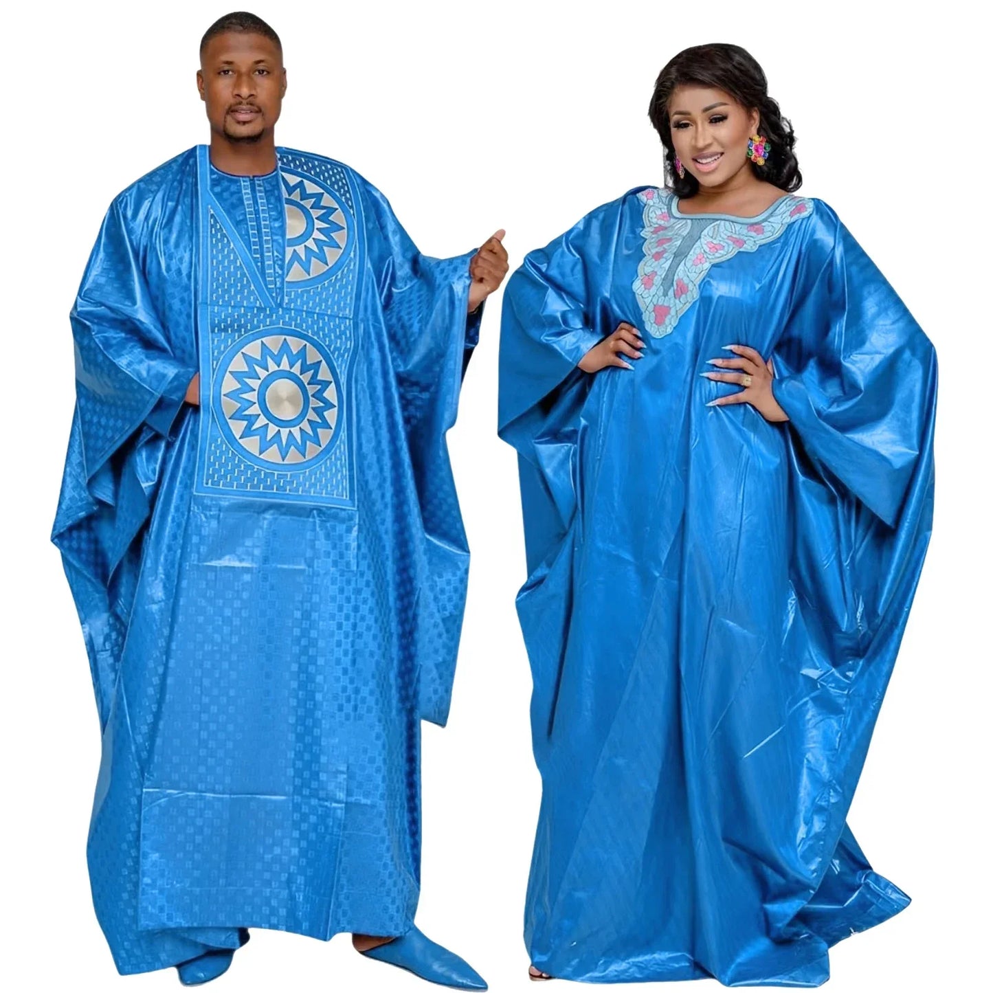 African Dresses For Couples Traditional  Bazin Embroidery Dresses Floor Length Dress With Scarf Couple Design