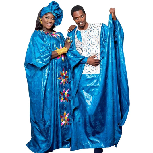 African Dresses For Couples Traditional  Bazin Embroidery Dresses Floor Length Dress With Scarf Couple Design