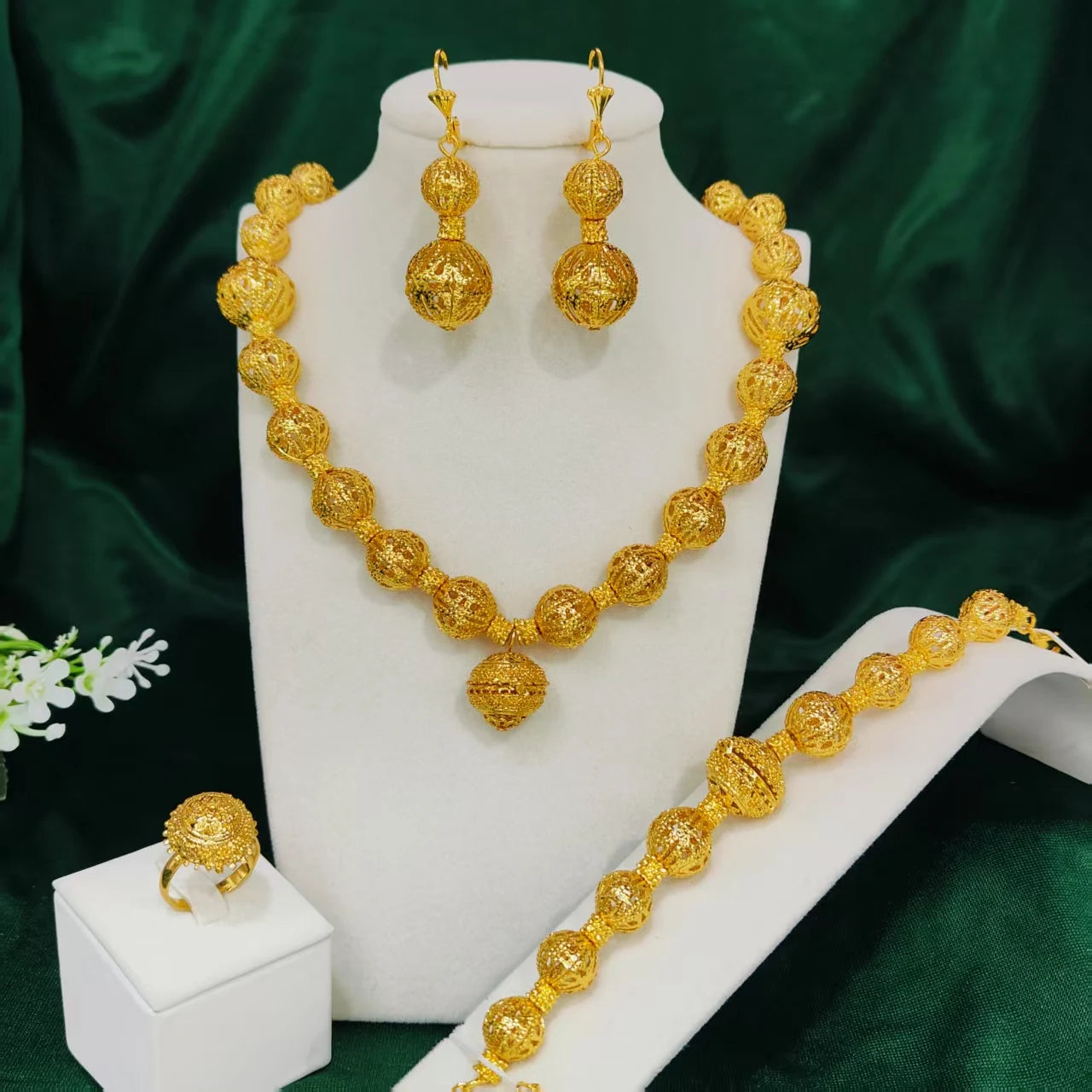 Fine Dubai 24k Gold Color Jewelry Set For Women Luxury Unique Pendant Necklace Earrings Weddings Gifts Party Accessory