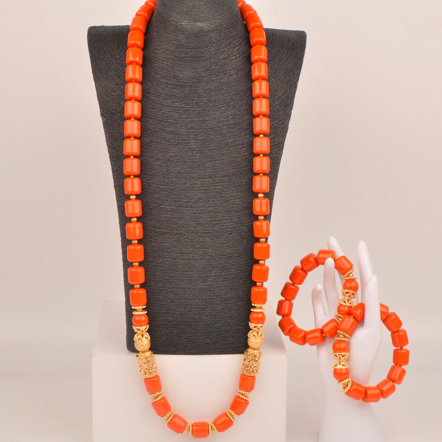 African Wedding Couple Set Orange Artificial Coral Beads Jewelry Set