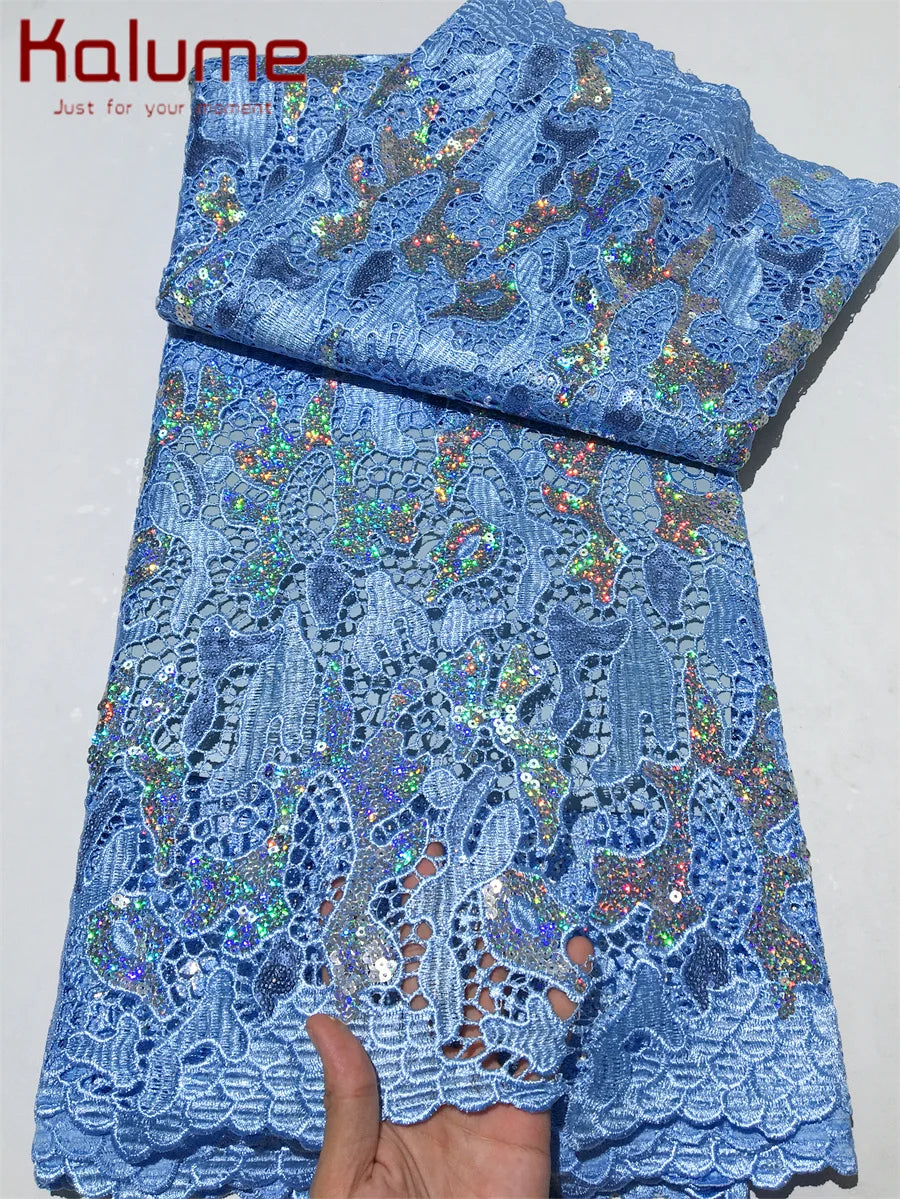 Kalume African Sequins Lace Fabric 2025 High Quality Material Nigerian Guipure Cord Lace Fabric for Party Dress Sewing F4058