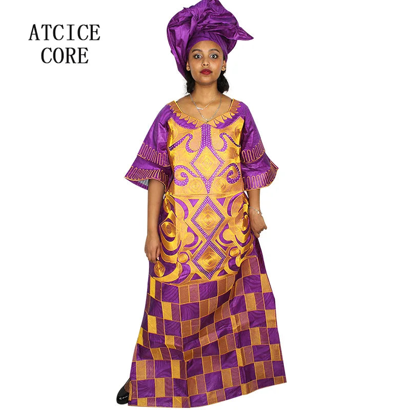 African Dresses For Woman Bazin Riche Computer Emboridery Plus Size Long Dress With Scarf