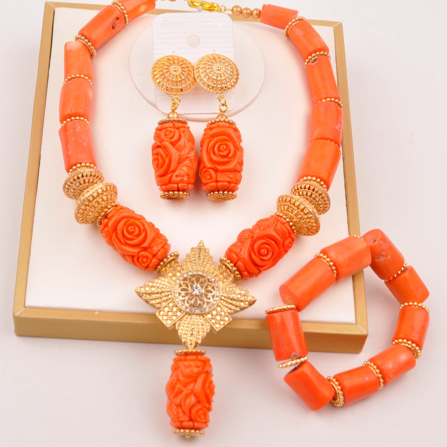 Orange Nigerian Artificial Coral Bead Necklace African Jewelry Sets